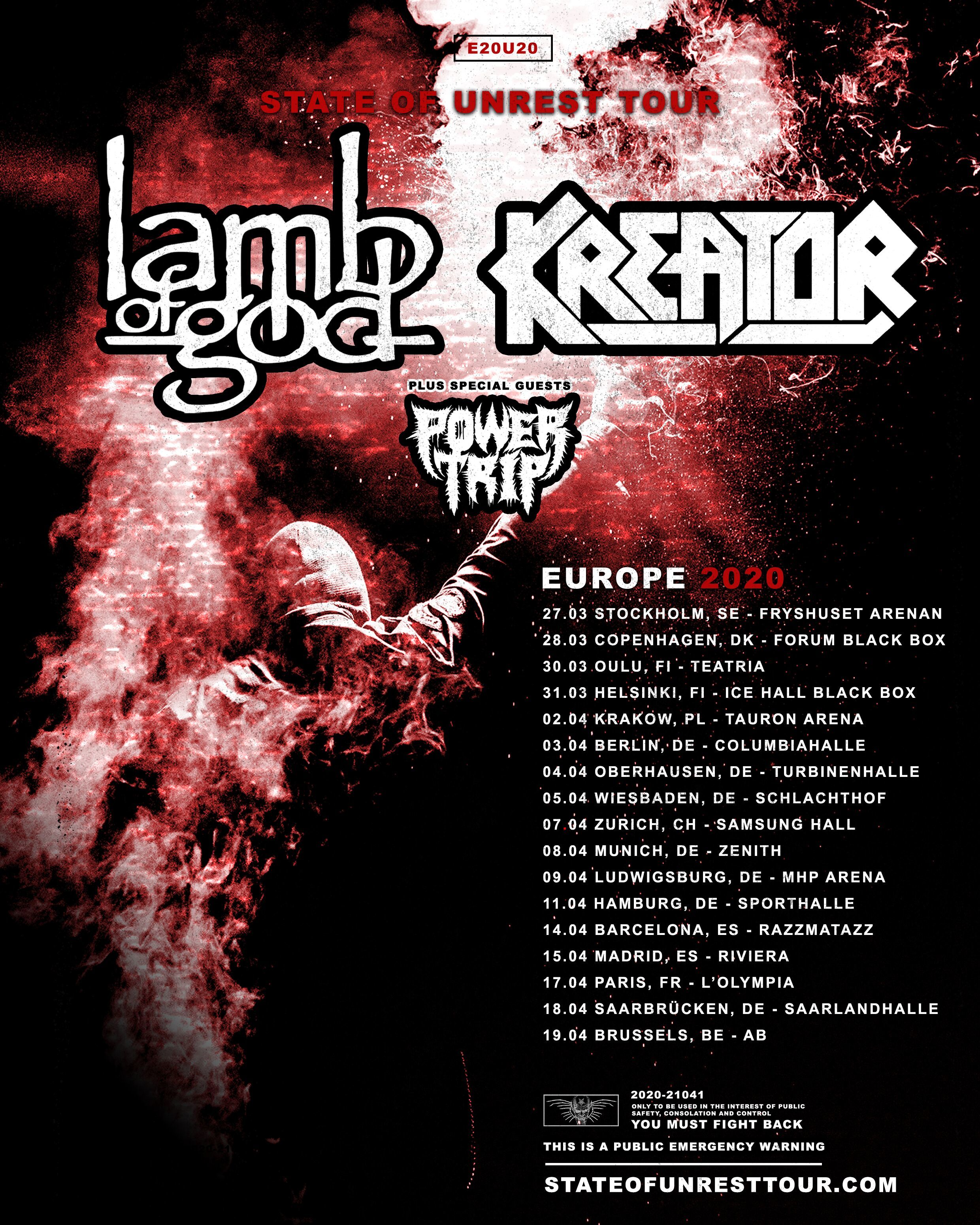 kreator und lamb of god tour 2020